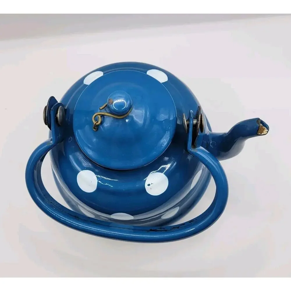 Vintage Graniteware Blue & White Polka Dots Enamel Gooseneck Swing Handle Teapot
